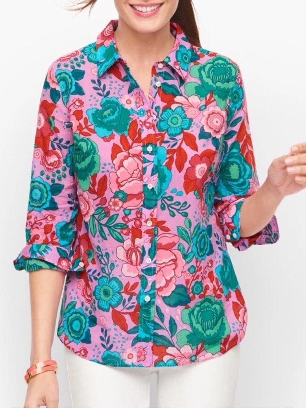 Talbots Pink Floral Button-Up Shirt with Teal Accents Sz M
